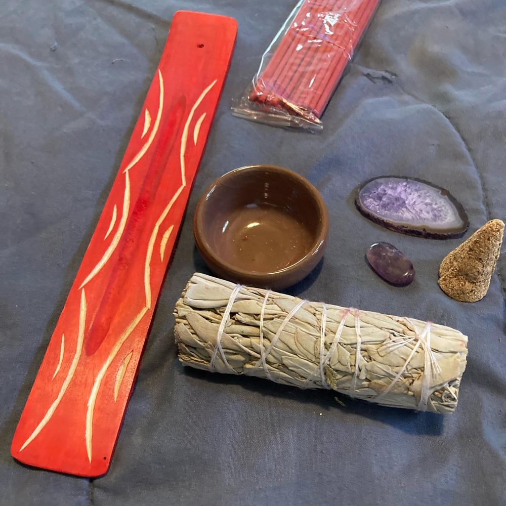 Red Incense Holder and Sage Set